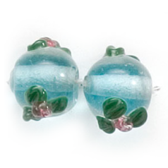 Bead, Lampwork Glass,10mm Round Transparent Glass with Aqua Colourlined and raised Rose Flower design(Hole Size 2.5mm)
