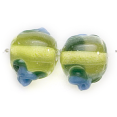 Bead, Lampwork Glass,10mm Round Transparent Glass with Chartreuse Colourlined and raised Rose Flower design(Hole Size 2.5mm)