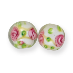Bead, Lampwork Glass, 12mm Round White Center with  Rose Pattern - Yellow Swirl (Hole Size 3mm)