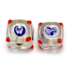 Lampwork Bead Square with Heart Design in Blue - 10x10mm - Hole size 2.5mm