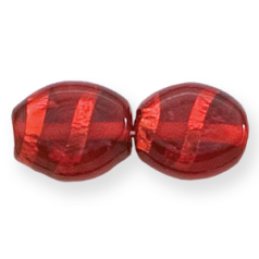 Bead, Lampwork Glass, 16x14mm Flat Oval shape with Silverfoil Stripe on Red color bead (Hole Size 2.7mm)