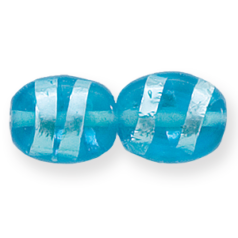 Bead, Lampwork Glass, 16x14mm Flat Oval shape with Silverfoil Stripe on Aqua color bead (Hole Size 2.7mm)