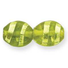 Bead, Lampwork Glass, 16x14mm Flat Oval shape with Silverfoil Stripe on Chartreuse color bead (Hole Size 2.7mm)