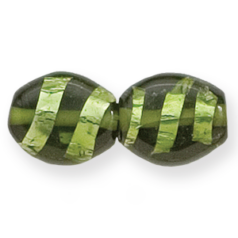 Bead, Lampwork Glass, 16x14mm Flat Oval shape with Silverfoil Stripe on Dark Olivine color bead (Hole Size 2.7mm)