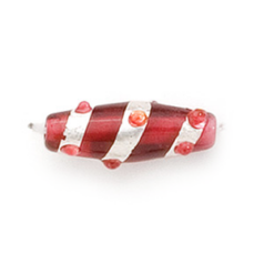 Bead, Lampwork Glass, 23x8mm Oval shape with Silverfoil Stripe and Dots on Red color bead (Hole Size 2.25mm)