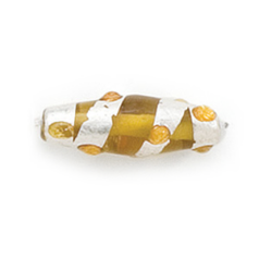 Bead, Lampwork Glass, 23x8mm Oval shape with Silverfoil Stripe and Dot on Topaz color bead (Hole Size 2.25mm)