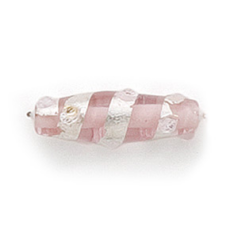 Bead, Lampwork Glass, 23x8mm Oval shape with Silverfoil Stripe and Dot on Rosaline color bead (Hole Size 2.25mm)