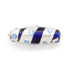 Bead, Lampwork Glass, 23x8mm Oval shape with Silverfoil Stripe and Dot on Cobalt color bead (Hole Size 2.25mm)