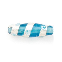 Bead, Lampwork Glass, 23x8mm Oval shape with Silverfoil Stripe and Dot on Aqua color bead (Hole Size 2.25mm)