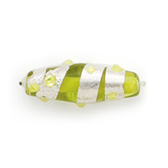 Bead, Lampwork Glass, 23x8mm Oval shape with Silverfoil Stripe and Dot on Chartreuse color bead (Hole Size 2.25mm)
