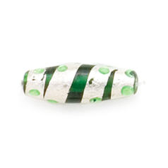 Bead, Lampwork Glass, 23x8mm Oval shape with Silverfoil Stripe and Dot on Emerald color bead (Hole Size 2.25mm)