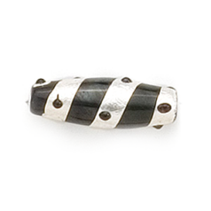 Bead, Lampwork Glass, 23x8mm Oval shape with Silverfoil Stripe and Dot on Jet color bead (Hole Size 2.25mm)