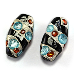 Bead, Lampwork Glass, 20x11x7mm Black Flat Oval wrapped with Silverfoil and raised Spots of Transparent Glass - Aqua (Hole Size 2mm)