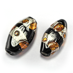 Bead, Lampwork Glass, 20x11x7mm Black Flat Oval wrapped with Silverfoil and raised Spots of Transparent Glass - Topaz (Hole Size 2mm)