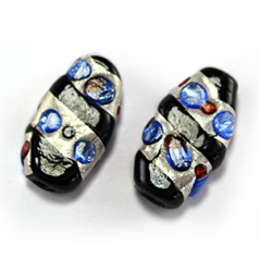 Bead, Lampwork Glass, 20x11x7mm Black Flat Oval wrapped with Silverfoil and raised Spots of Transparent Glass - Sapphire (Hole Size 2mm)