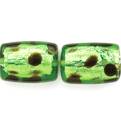 Bead, Lampwork Glass, 20x15x7mm Flat Rectangle shape in Chartreuse Transparent Glass with dots and lined with Silverfoil (Hole Size 2mm)