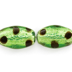Bead, Lampwork Glass, 20x14x7mm Flat Oval shape in Chartreuse Transparent Glass with dots and lined with Silverfoil (Hole Size 2mm)