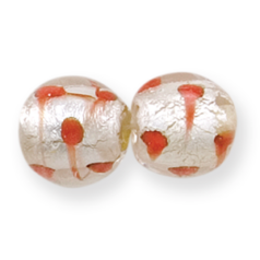 Bead, Lampwork Glass, 13mm Round in Crystal Glass lined with Silverfoil and Splashes of Red color (Hole Size 3mm)