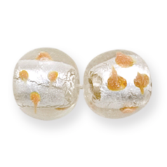 Bead, Lampwork Glass, 13mm Round in Crystal Glass lined with Silverfoil and Splashes of Taupe color (Hole Size 3mm)