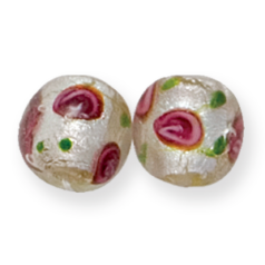Bead, Lampwork Glass, 13mm Round in Crystal Glass lined with Silverfoil and Flower Pattern in Pink and Green (Hole Size 3mm)