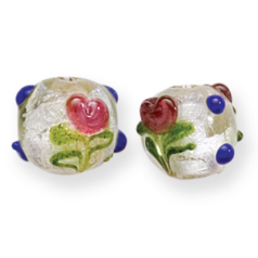 Bead, Lampwork Glass, 14mm Round in Crystal Glass lined with Silverfoil and Raised Flower Pattern in Pink and Blue (Hole Size 3mm)