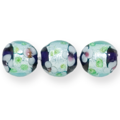 Bead, Lampwork Glass, 12mm Round in Crystal Glass lined with Cobalt Glass with Splashes of Silverfoil and White Flower Design (Hole Size 2mm)