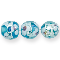 Bead, Lampwork Glass, 12mm Round in Crystal Glass lined with Aqua Glass with Splashes of Silverfoil and White Flower Design (Hole Size 2mm)