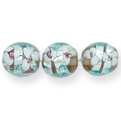 Bead, Lampwork Glass, 12mm Round in Crystal Glass lined with Light Amethyst Glass with Splashes of Silverfoil and White Flower Design (Hole Size 2mm)