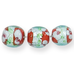 Bead, Lampwork Glass, 12mm Round in Crystal Glass lined with Opaque Red Glass with Splashes of Silverfoil and White Flower Design (Hole Size 2mm)