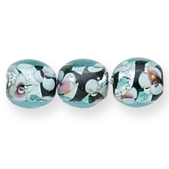Bead, Lampwork Glass, 12mm Round in Crystal Glass lined with Black Glass with Splashes of Silverfoil and White Flower Design (Hole Size 2mm)