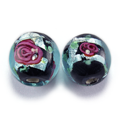Bead, Lampwork Glass, 12mm Round in Crystal Glass lined with Cobalt Glass with Splashes of Silverfoil and Rose Pattern (Hole Size 2mm)
