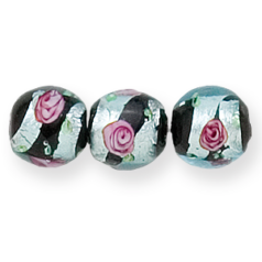 Bead, Lampwork Glass, 12mm Round in Crystal Glass lined with Black Glass with Splashes of Silverfoil and Rose Pattern (Hole Size 2mm)