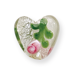 Bead, Lampwork Glass, 15mm Heart shape in Crystal Glass lined with Silverfoil and Flower Pattern (Hole Size 2.5mm)