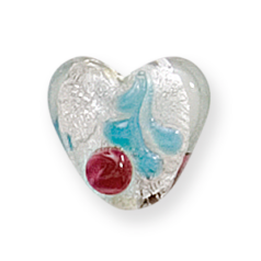 Bead, Lampwork Glass, 15mm Heart shape in Crystal Glass lined with Silverfoil and Flower Pattern (Hole Size 2.5mm)