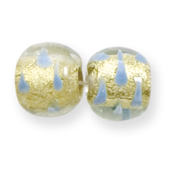 Bead, Lampwork Glass, 13mm Round shape in Crystal Glass lined with Goldfoil and Splashes of Blue Color (Hole Size 2.5mm)