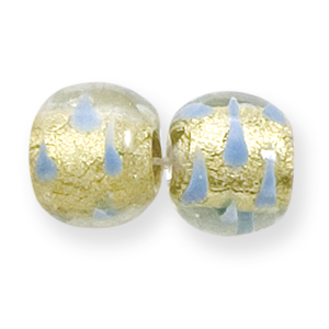 Bead, Lampwork Glass, 13mm Round shape in Crystal Glass lined with Goldfoil and Splashes of Blue Color (Hole Size 2.5mm)