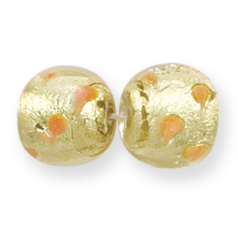 Bead, Lampwork Glass, 13mm Round shape in Crystal Glass lined with Goldfoil and Splashes of Taupe Color (Hole Size 2.5mm)