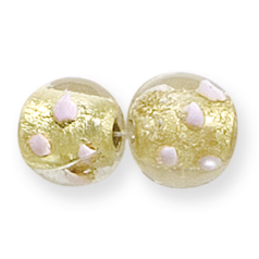 Bead, Lampwork Glass, 13mm Round shape in Crystal Glass lined with Goldfoil and Splashes of Pink Color (Hole Size 2.5mm)