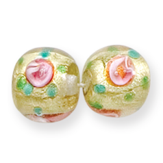 Bead, Lampwork Glass, 13mm Round shape in Crystal Glass lined with Goldfoil and Rose Pattern in Red and Blue (Hole size 2.5mm)