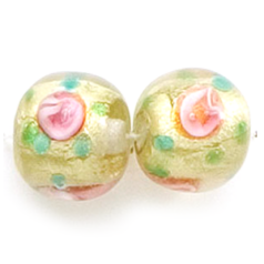 Bead, Lampwork Glass, 13mm Round shape in Crystal Glass lined with Goldfoil and Rose Pattern in Red and Green (Hole Size 2.5mm)