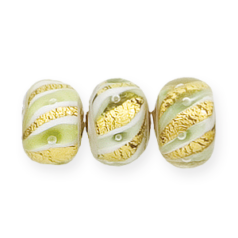 Bead, Lampwork Glass, 15x10mm Rondelle shape lined with Goldfoil Swirl and Pale Green (Hole Size 2.5mm)