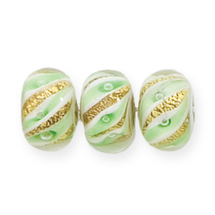 Bead, Lampwork Glass, 15x10mm Rondelle shape lined with Goldfoil Swirl and Green (Hole Size 2.5mm)