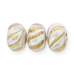 Bead, Lampwork Glass, 15x10mm Rondelle shape lined with Goldfoil Swirl and White (Hole Size 2.5mm)