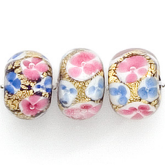 Bead, Lampwork Glass, 15x10mm Rondelle shape lined with Goldfoil and Flowers in Pink and Blue color (Hole Size 2.5mm)