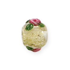 Bead, Lampwork Glass, 10mm Round in Crystal Glass lined Goldfoil with Raised Rose Flower Design on both sides (Hole Size 2.5mm)