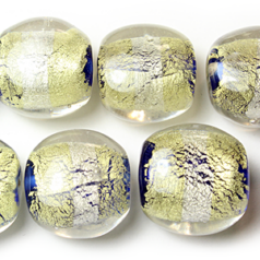 Bead, Lampwork Glass, 16x12mm Puffed Disc Shape in Crystal Glass lined with Goldfoil and Silverfoil and Purple color (Hole Size2.5mm)