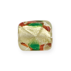 Bead, Lampwork Glass, 13x13x7mm Square shape in Crystal Glass lined with Goldfoil and Blue/Amber color (Hole Size 2.5mm)