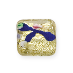 Bead, Lampwork Glass, 15x13x9mm Rectangle shape in Crystal Glass lined with Goldfoil and Flower pattern (Hole size 2.5mm)