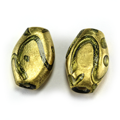 Bead, Lampwork Glass, 14x10mm Flat Oval shape with Goldfoil and Elegant design of Chartreuse color glass (Hole Size 2.5mm)