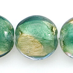 Bead, Lampwork Glass, 18mm Puffed Disc Lined with Goldfoil and Green color (Hole Size 2.5mm) 